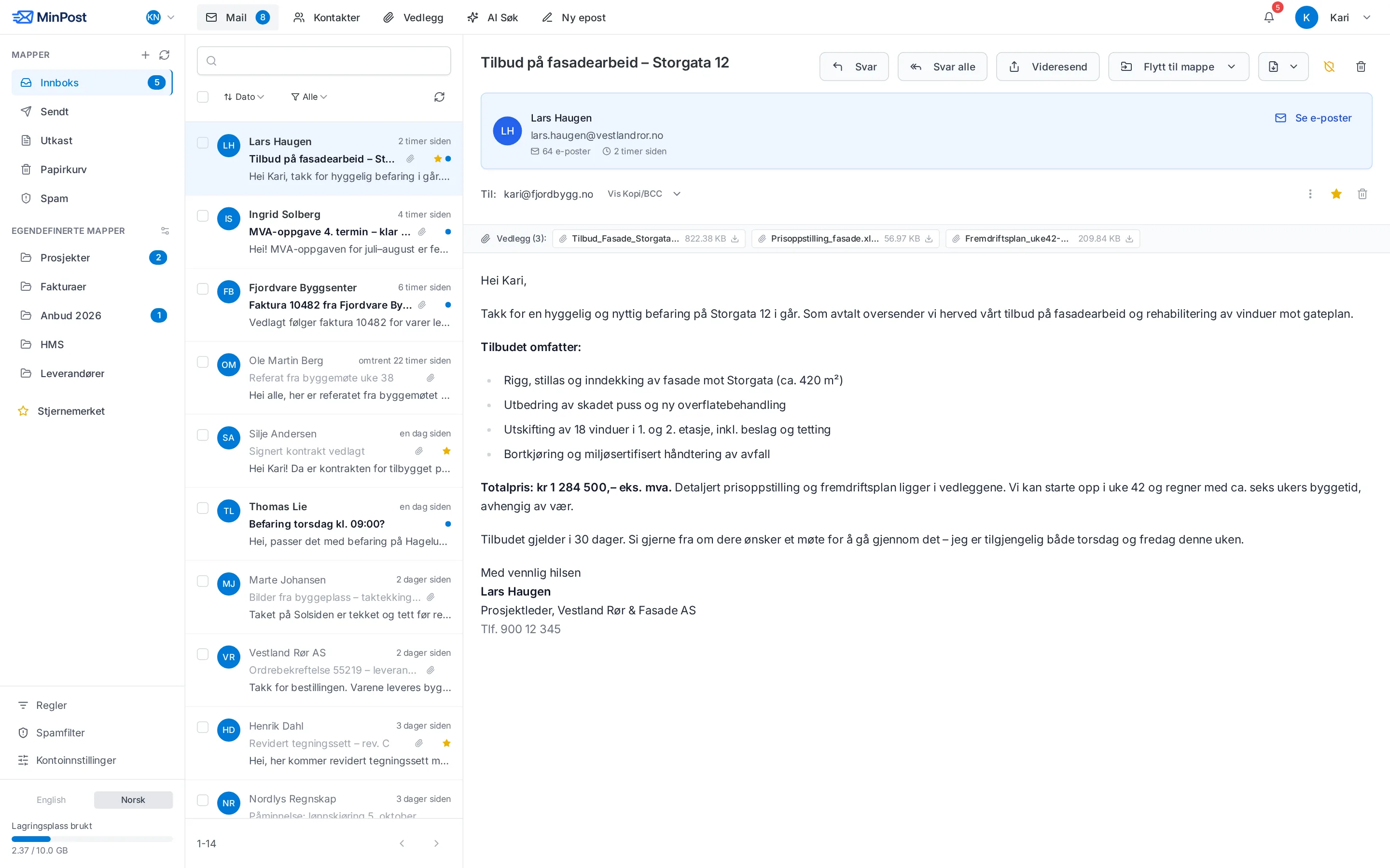 Innboks med åpen e-post i MinPost webmail